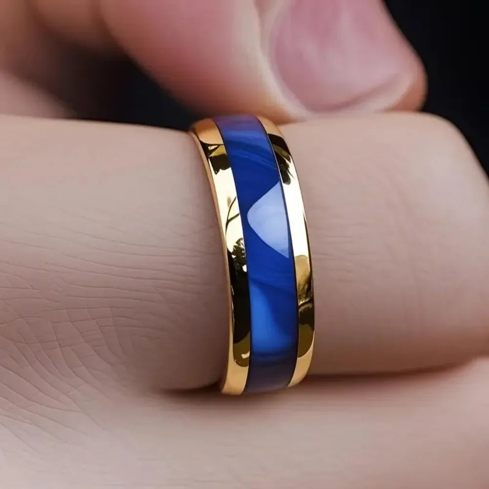 Showlu Fashion Sunflowerzhu 8mm gold sapphire stainless steel wedding band ring with a polished finish and smooth design.