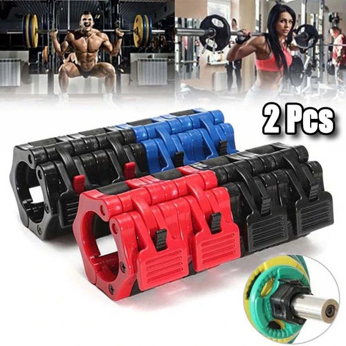 Pair of Showlu Fashion Store quick release barbell clamps with spin lock design for secure weightlifting and strength training.