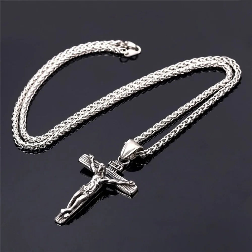 Men's gold Jesus cross necklace, personalized religious pendant with fashionable design, ideal for religious jewelry gift.