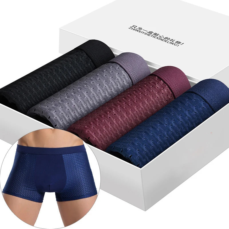 Men's ice silk boxer shorts from Showlu Fashion Store, breathable mesh underwear in a 4-pack, featuring comfortable, lightweight fabric.