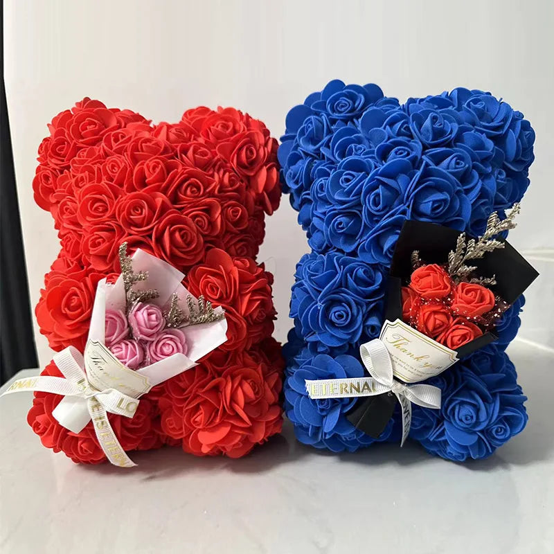 Artificial rose bear from Showlu Fashion, 25cm foam flower gift in a box with pink roses and a plush bear.