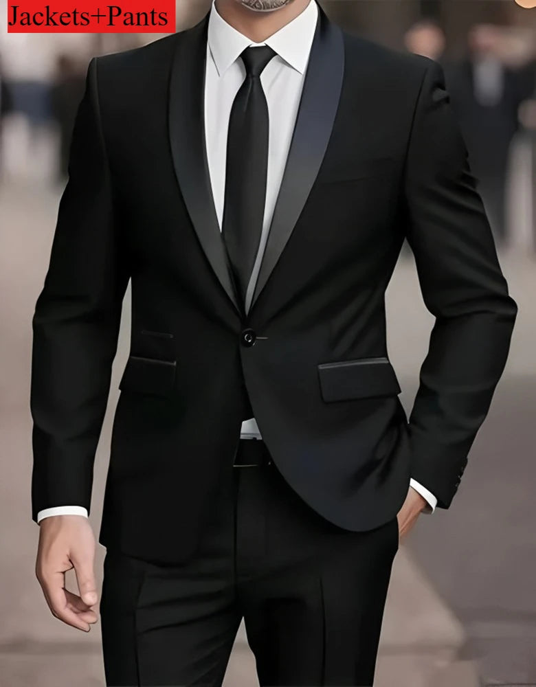 Men's Formal Suit Set Business Casual Slim Fit Tuxedo for Wedding, Long Sleeve Notch Lapel, Groom