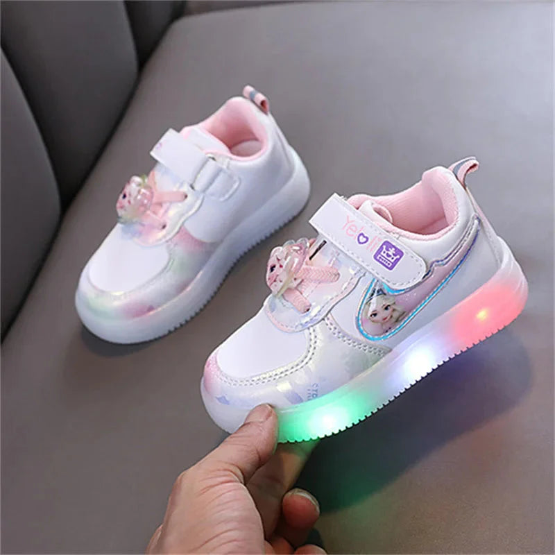 Disney Frozen Elsa girls LED light-up sneakers with breathable sport shoes and Frozen-themed design, perfect for active kids.