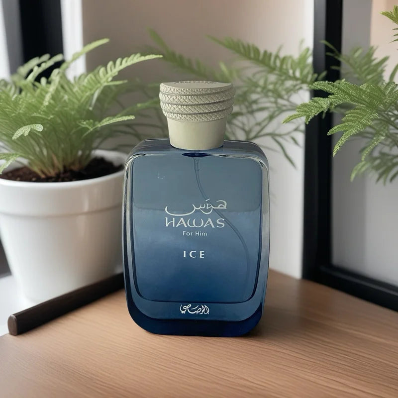 Rasasi Hawas Ice men's Eau De Parfum bottle, 100ml, featuring a sleek design and long-lasting fragrance.