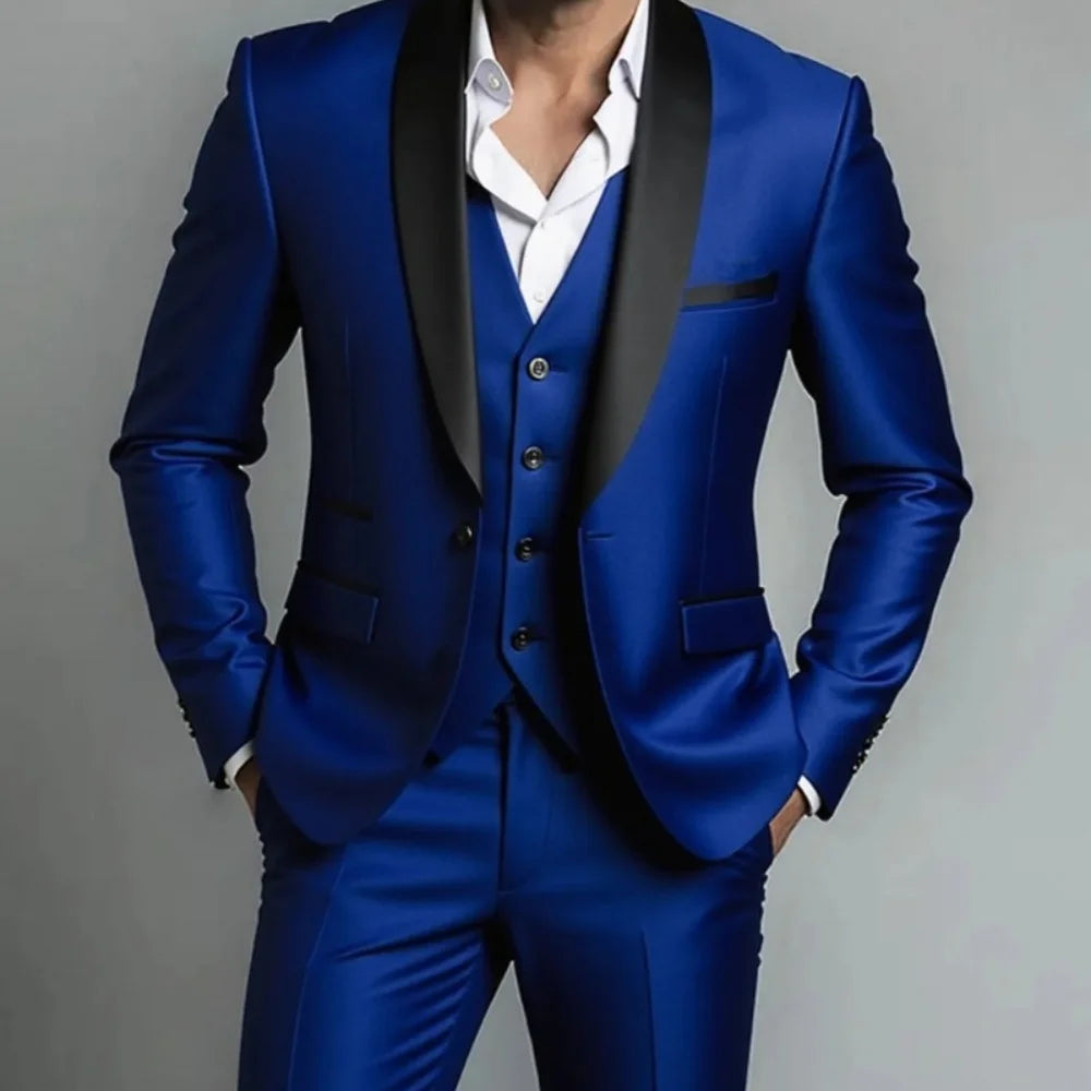 Men's Black White Slim Fit Three Piece Suit Set Large Size Autumn Wedding Party Blazer Coat Pants Vest Fashion Male Outfit