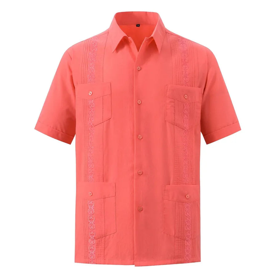 2025 New Summer Men's Guayabera Shirts Four Pockets Embroidered Short Sleeve Shirts for Men Blue Mexican Cuban Button Shirt