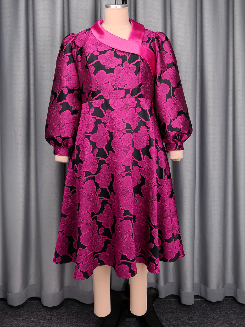 Elegant Women Jacquard Dress Irregular Neck Long Lantern Sleeve Fold A Line Fit Flare Vintage Event Party Church Formal Occasion