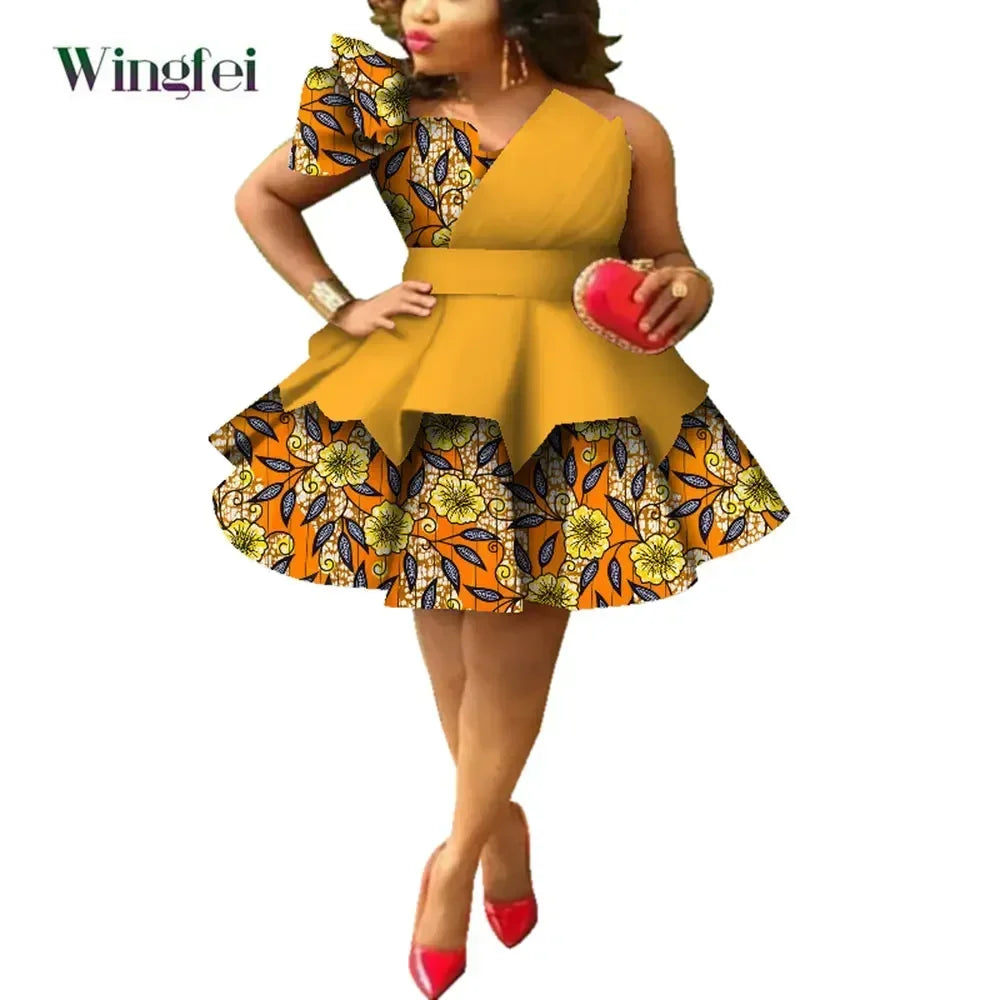 African Dresses for Women Ankara Print Strapless Multi-layer Dresses Dashiki Party Wedding Evening Dress African Clothing WY4213