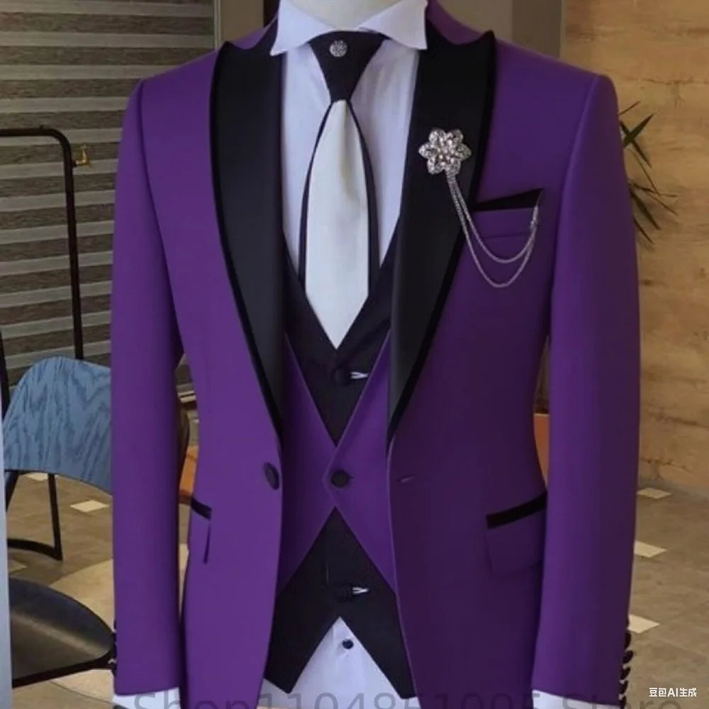 Men's solid slim fit 3-piece business suit set with blazer, vest, and pants, ideal for wedding parties and formal occasions.