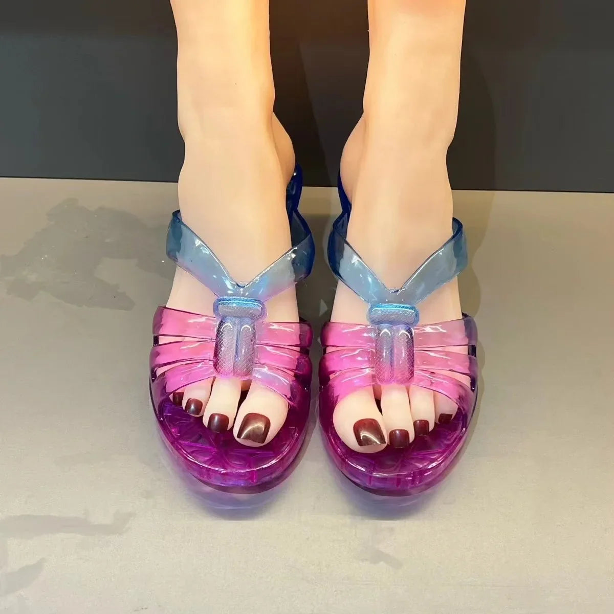 Women's retro jelly shoes by ETHSOUL with transparent square heel, summer sandals, clear and stylish for warm weather.