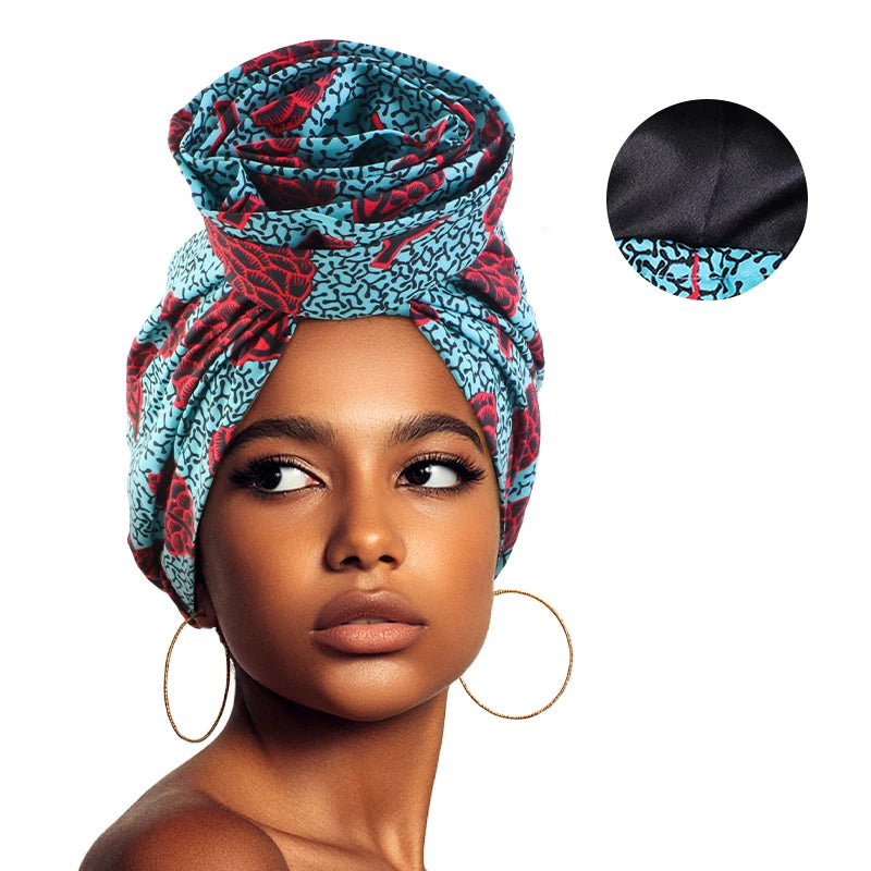 African satin-lined woman turban cap with big flower design, floral print headwrap, Muslim bonnet, and ladies beanie style.