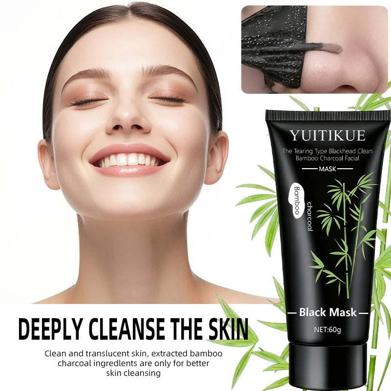Showlu Smart General blackhead peel-off mask spread on skin, highlighting its dark color and smooth texture for pore cleansing.