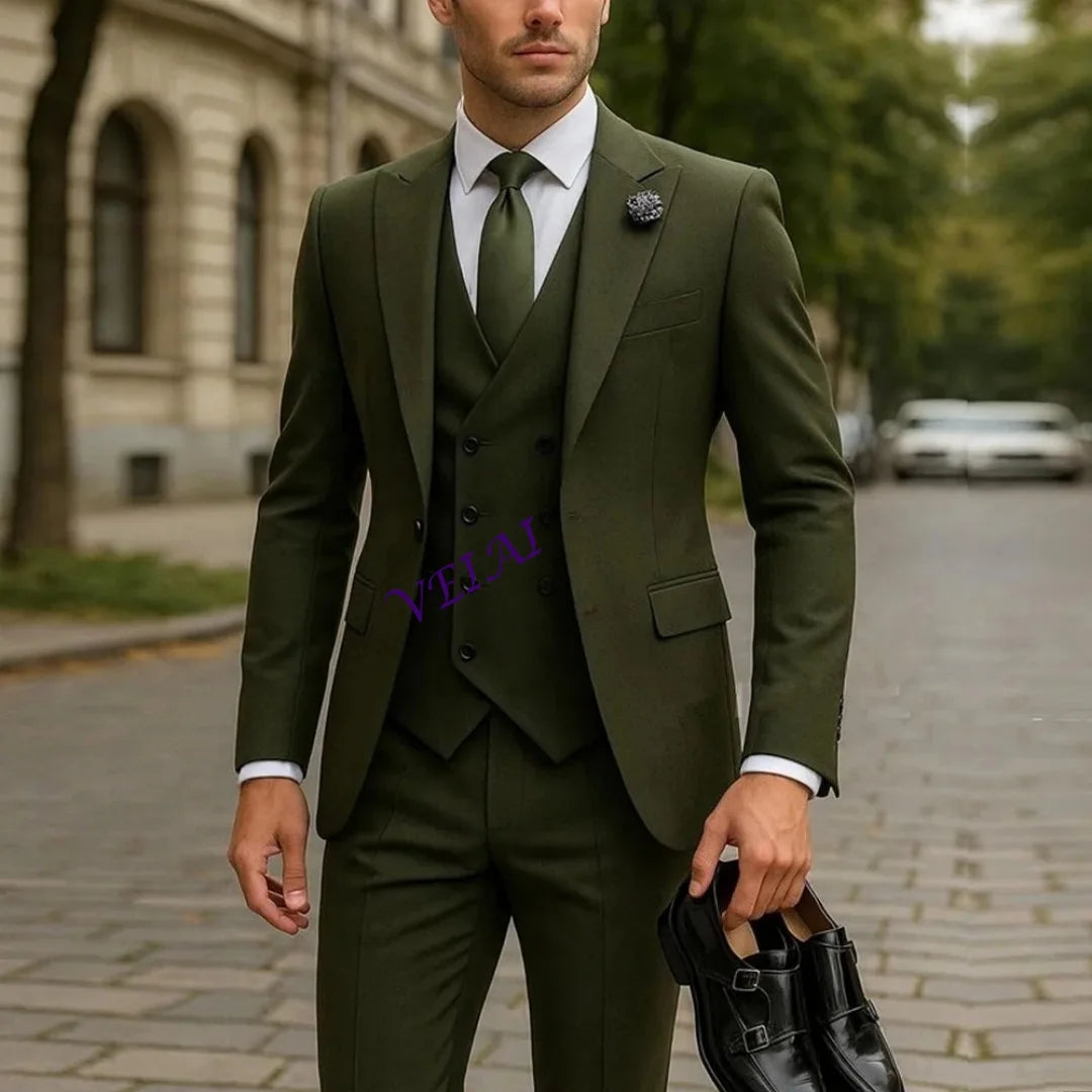 Army green men's tuxedo suit with jacket, vest, and pants, ideal for wedding, prom, or formal occasions, by Showlu Fashion.