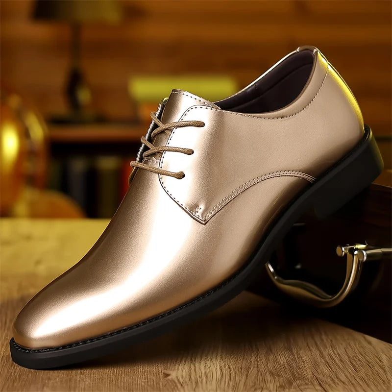 Red PU leather men's pointed toe dress shoes with lace-up design by Showlu Fashion Store