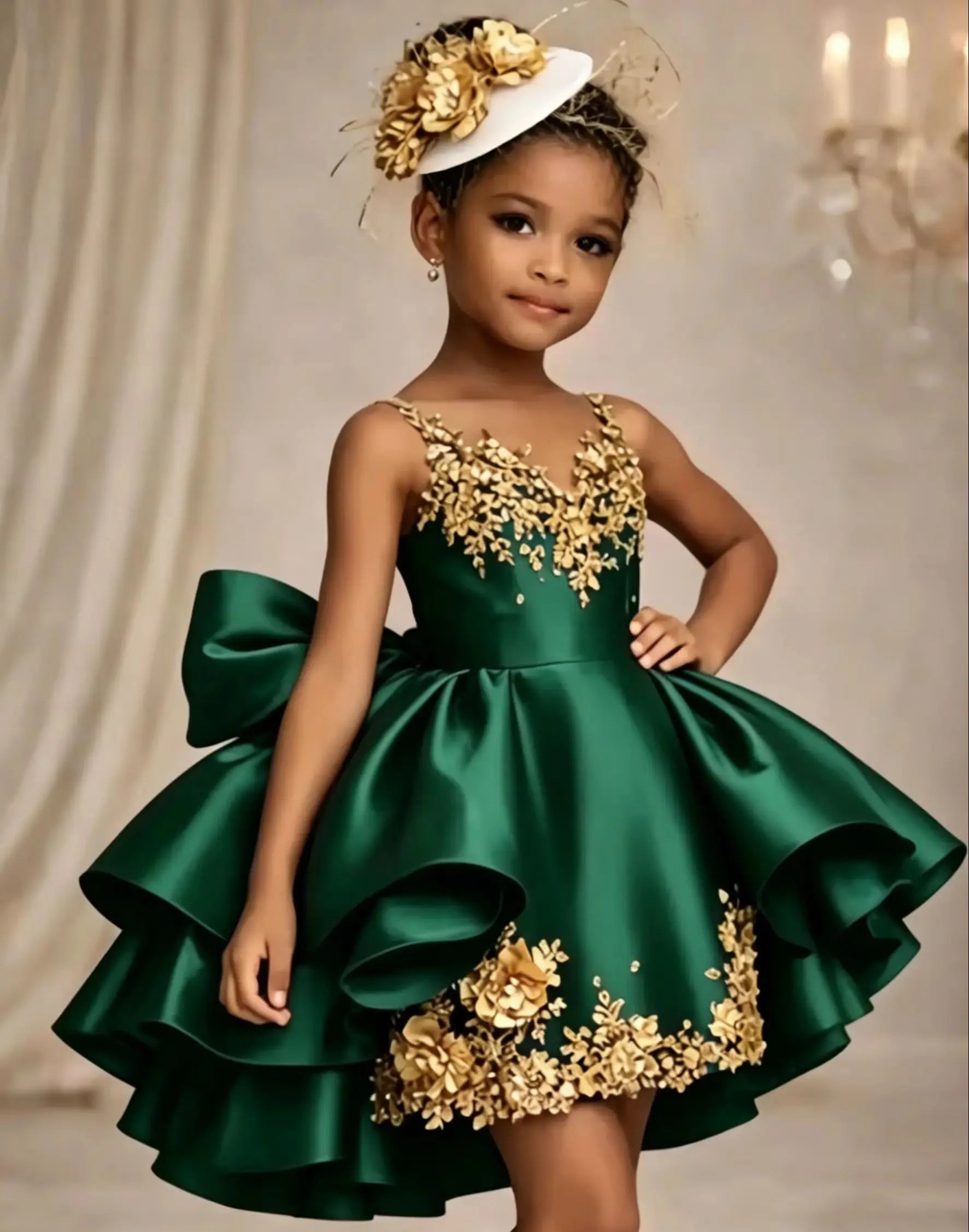 Customized Flower Girl Dresses for Wedding Satin Sleeveless with Bow Lace Applique Knee Lenght Kids First Communion Gowns