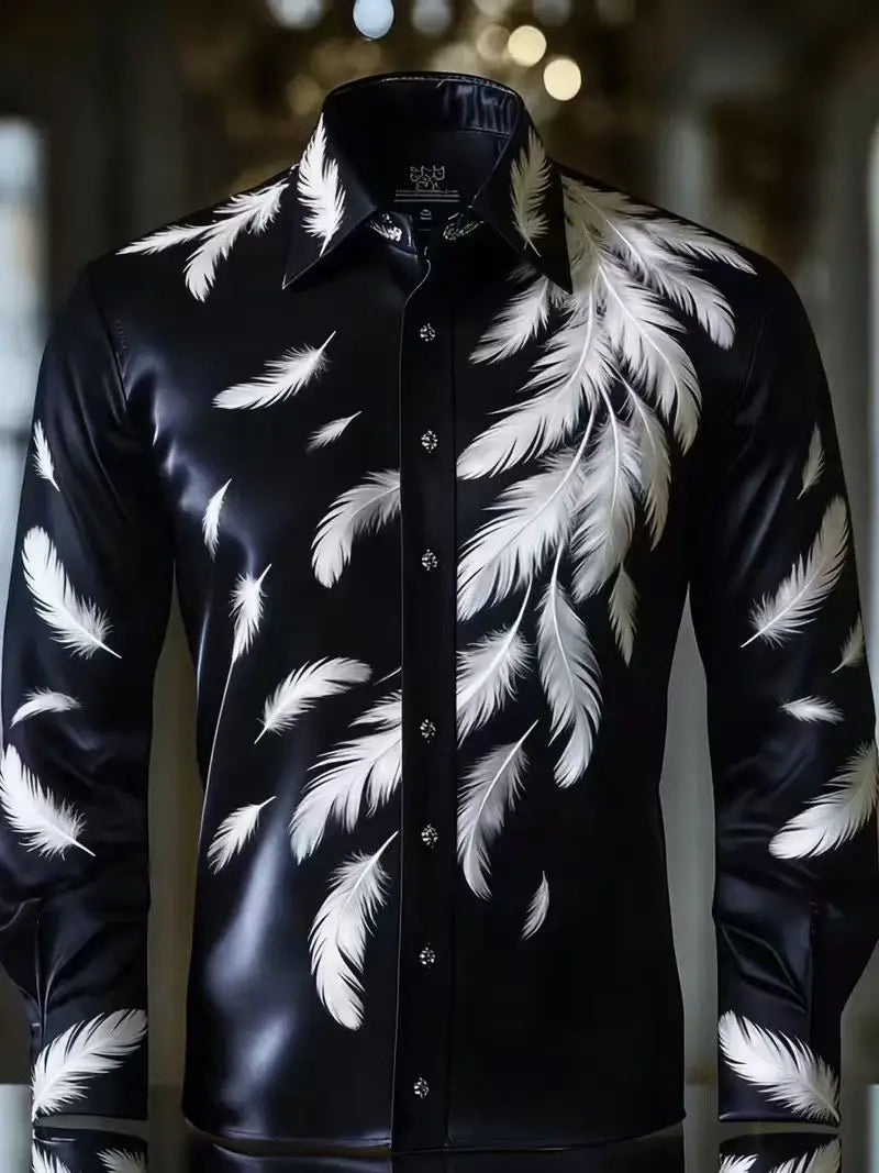 Showlu Men's slim fit silk shirt with iris flower 3D print, long sleeves, stylish and elegant for formal or casual wear.