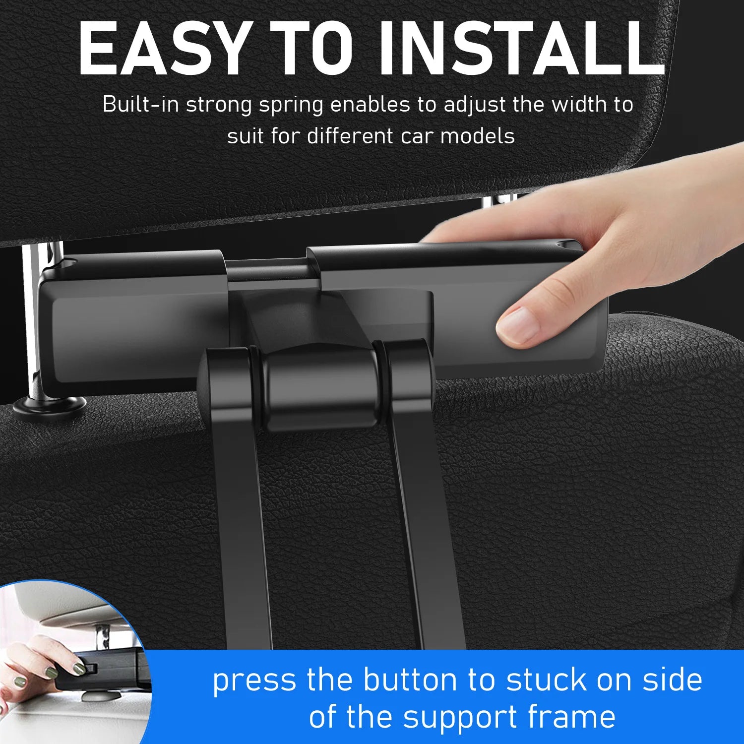 Showlu Smart General car headrest tablet holder attached to vehicle headrest, holding a tablet for easy passenger viewing.