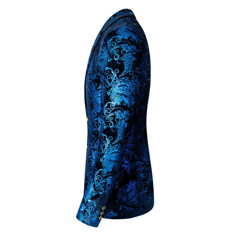 Men's 3-piece slim fit British style wedding suit with printed design, Showlu Fashion Store, displayed on a hanger.
