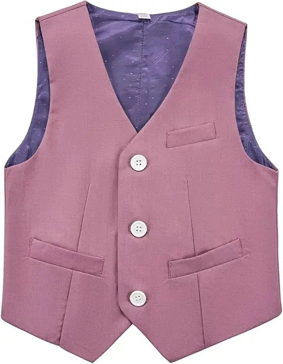Pink boys' formal suit with jacket, vest, pants, and bowtie, stylishly displayed on a child model.