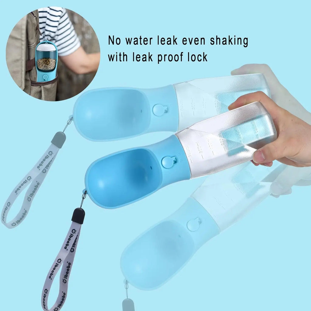 Showlu 3-in-1 portable dog water bottle with food and poop bag holder, compact and convenient for pet outings.