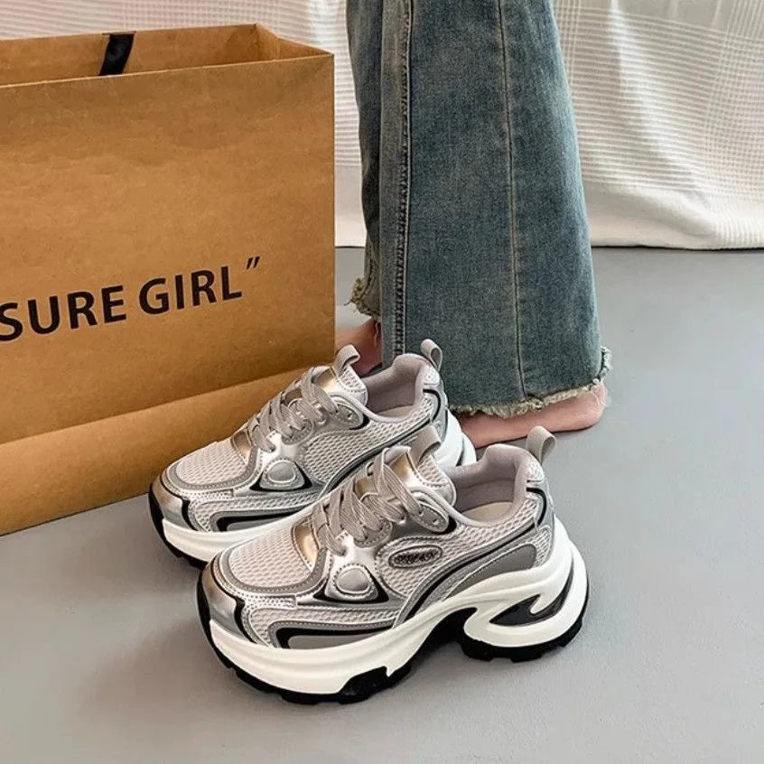 Showlu Fashion Women's Chunky Sneakers with breathable mesh, non-slip soles, lightweight outdoor casual sports shoes.