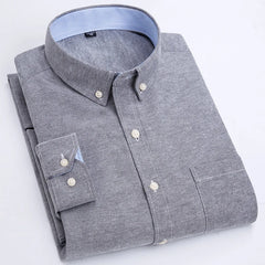 A grey long-sleeve Oxford shirt with a button-down collar and blue striped inner lining.