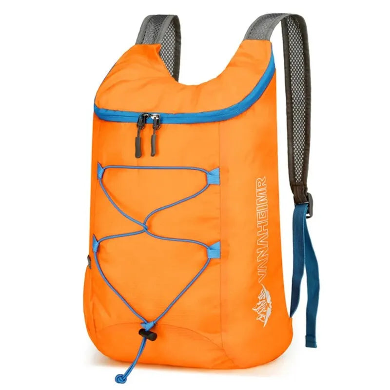 Lightweight waterproof nylon outdoor folding backpack with multiple compartments, suitable for camping, hiking, and travel.