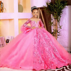 Customized Pink Flower Girl Dresses Children Birthday Dress Illusion Sheer Neck Long Sleeves Beaded Lace Princess Ball Gowns