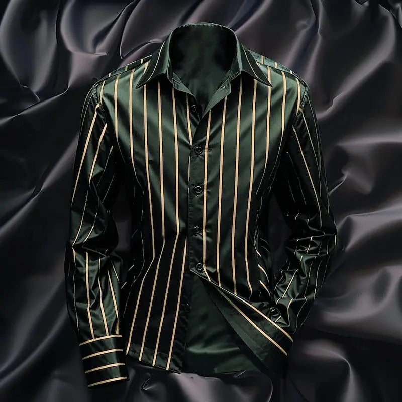 Men's striped casual shirt by Showlu Fashion Store, long sleeve, lapel, button-up, soft and comfortable for outdoor wear.