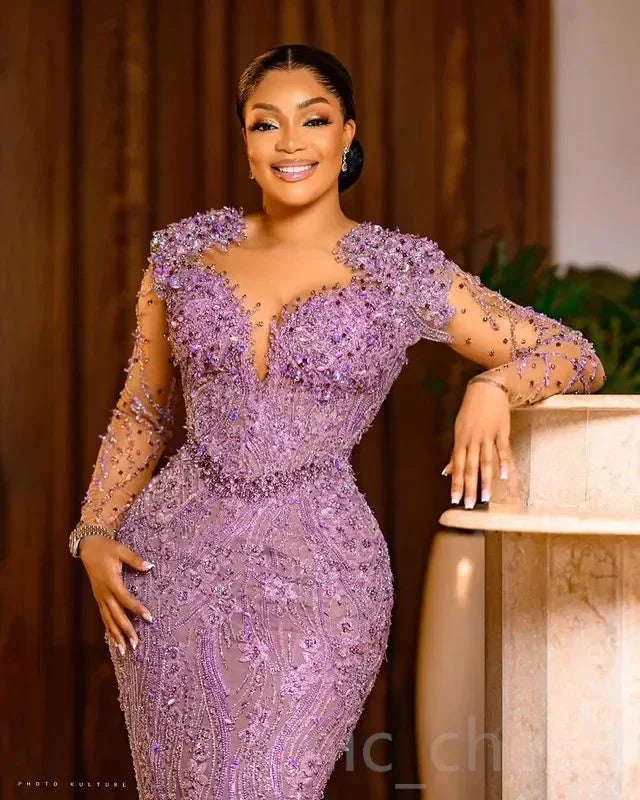 SHOWLU Lilac mermaid prom dress with beaded sequins and elegant evening gown design, featuring a fitted silhouette and shimmering details.