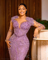 2024 Aso Ebi Lilac Mermaid Prom Dresses Beads Sexy Evening Formal Party Second Reception Birthday Engagement Gown Robe De Soiree