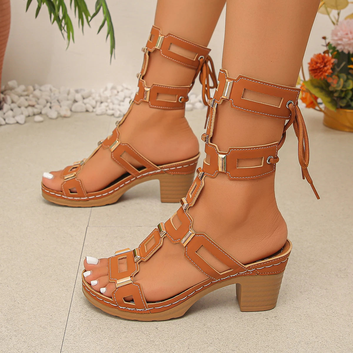 Women Geometric Cutout High Cuff Gladiator Block Heel Sandals Metal Buckle Back Lace Up Platform Open Toe Vacation Party Heels