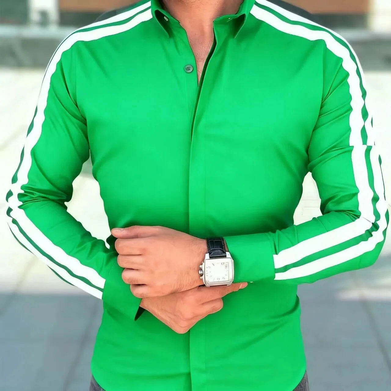 Showlu men's stripe long sleeve bamboo fiber casual and business shirt, featuring a stylish design and comfortable fit.