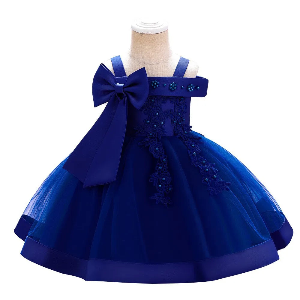 Lansihuote girls' bow embroidery ball gown, elegant wedding party dress with floral embroidery and satin sash, shown on a young girl.