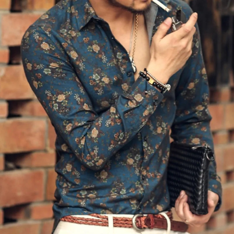 Men's 3D printed long sleeve Hawaiian shirt with floral pattern, comfortable flap design from Showlu Fashion Store.