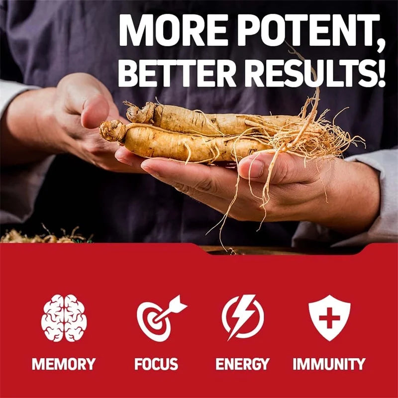 Korean Red Panax Ginseng supplement bottle showing energy, endurance, and immune support benefits from Showlu Fashion Store