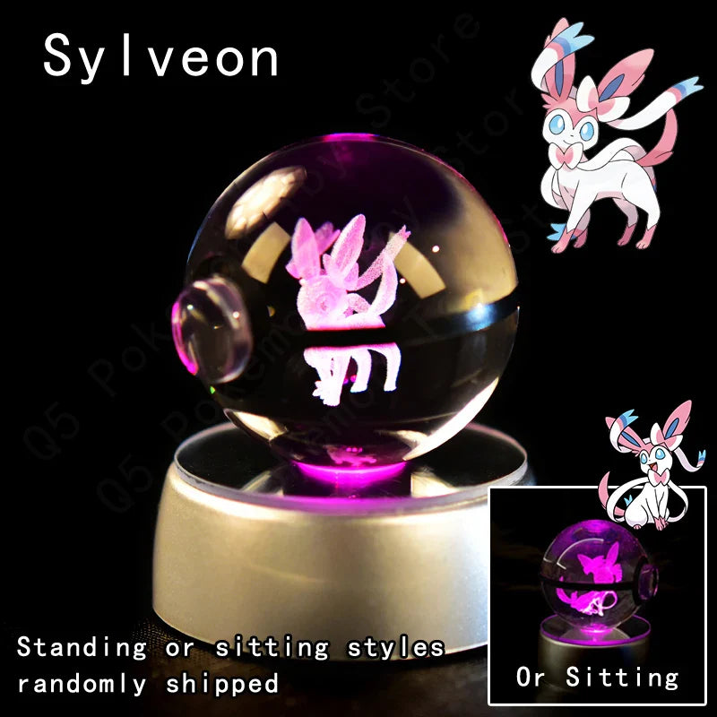 Pokemon 3D crystal ball night light by Miniso featuring LED glass Pokeball lamp with detailed Pokemon design.