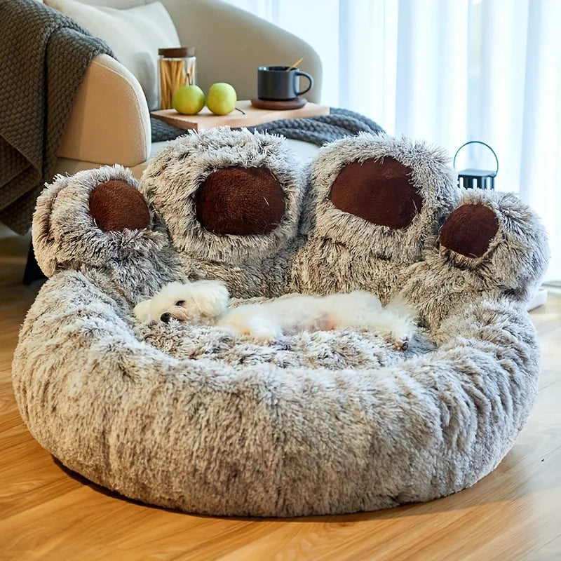 Soft, fluffy BeiYu Pet Bear Paw Dog Bed with breathable fabric and cozy cushion, ideal for cats and small dogs.