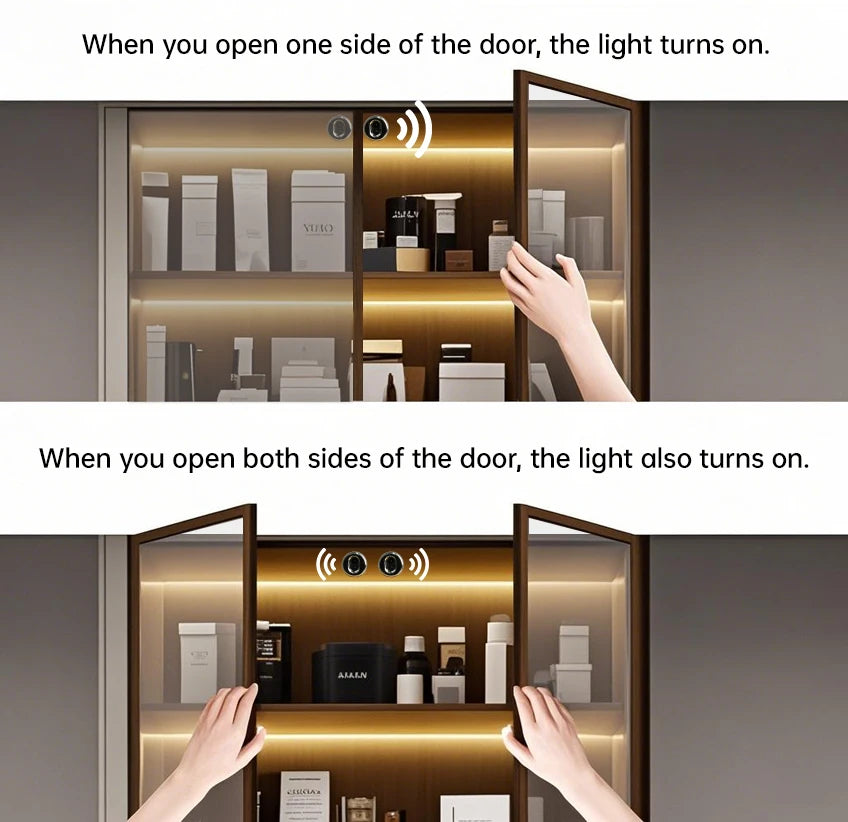 YEMEKE 12V COB LED strip with door sensor by Showlu Smart General, showing the LED strip and sensor attached to a door frame.