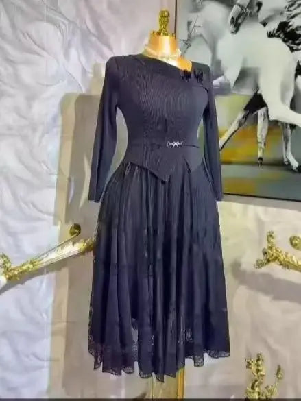 Miyake pleated women's dress by SHOWLU FASHION with slim fit lace corsage and polyester fabric, elegant gown for formal occasions.