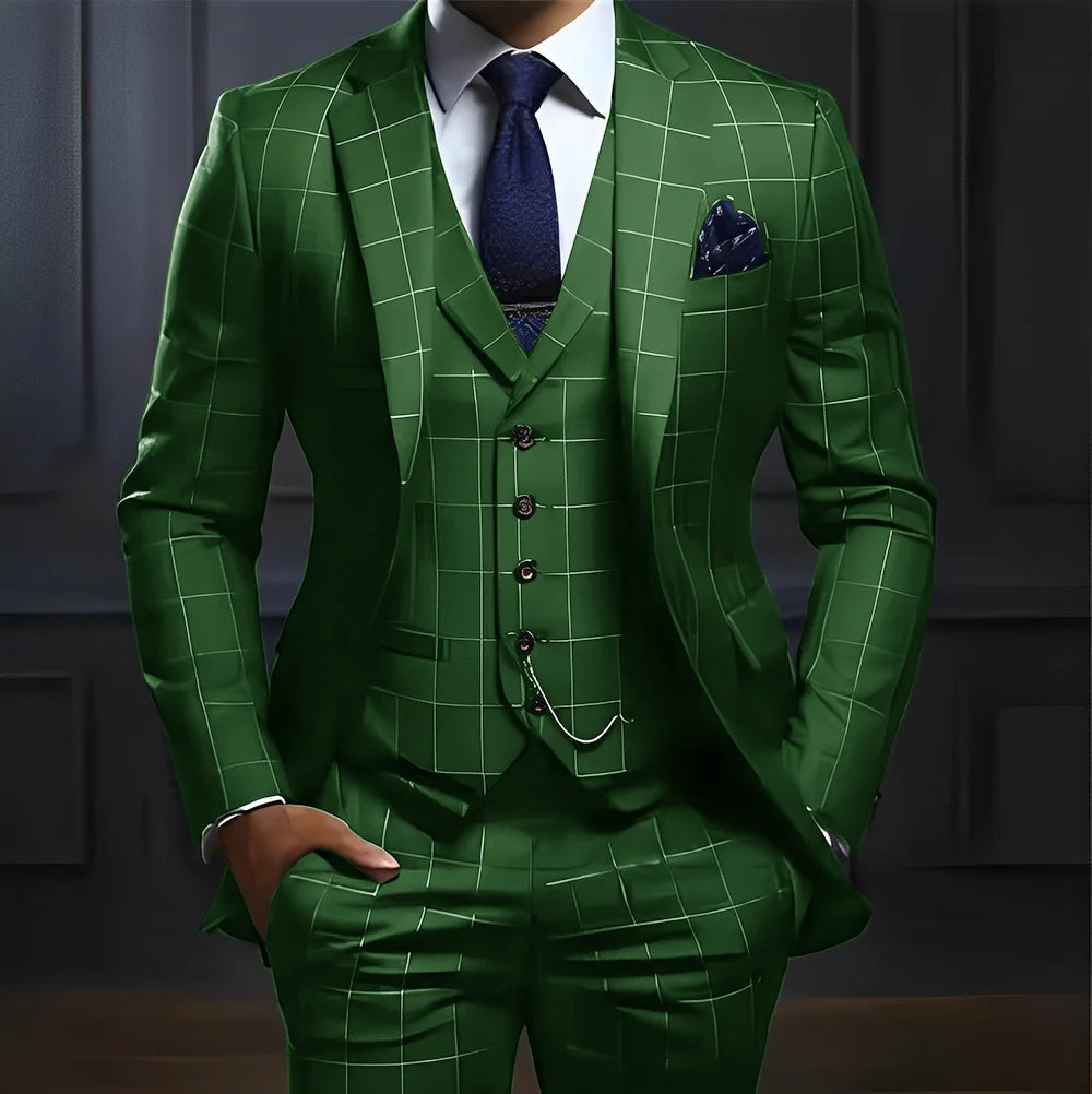 Showlu men's 3-piece plaid suit with slim fit design, ideal for formal weddings and special occasions.