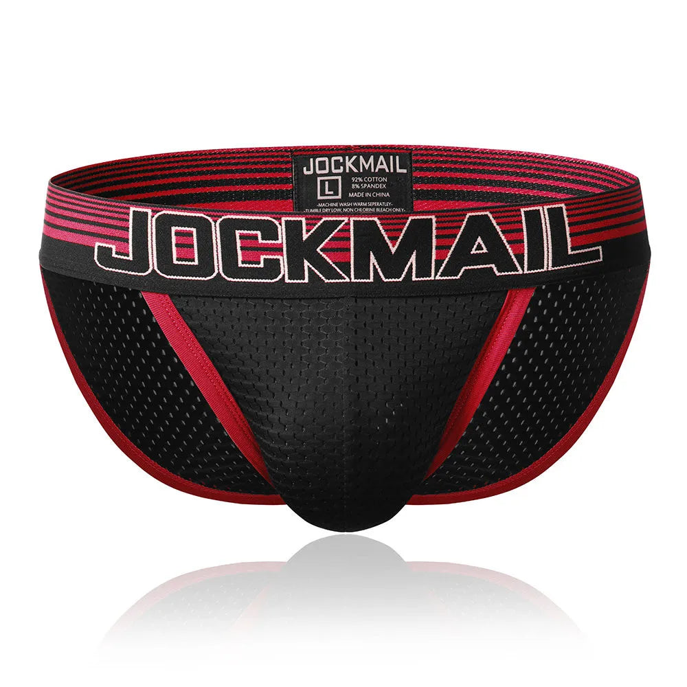 Men's Jockmail briefs featuring a supportive penis pouch, black bikini style underwear with a snug fit and comfortable waistband.