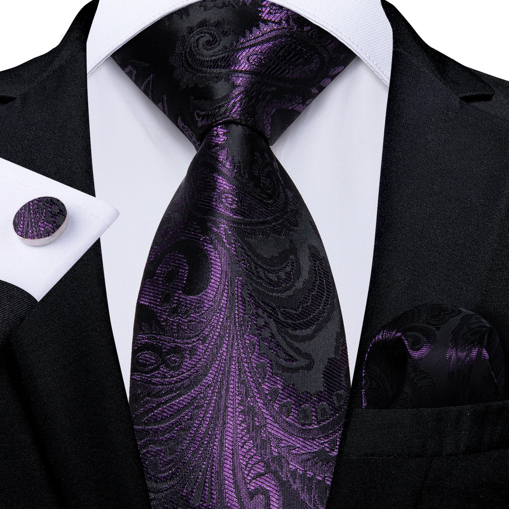 DiBanGu Ties For Men Purple Floral Paisley Necktie Business Formal 100% Silk Tie Pocket Square Set For Wedding Party Cravat