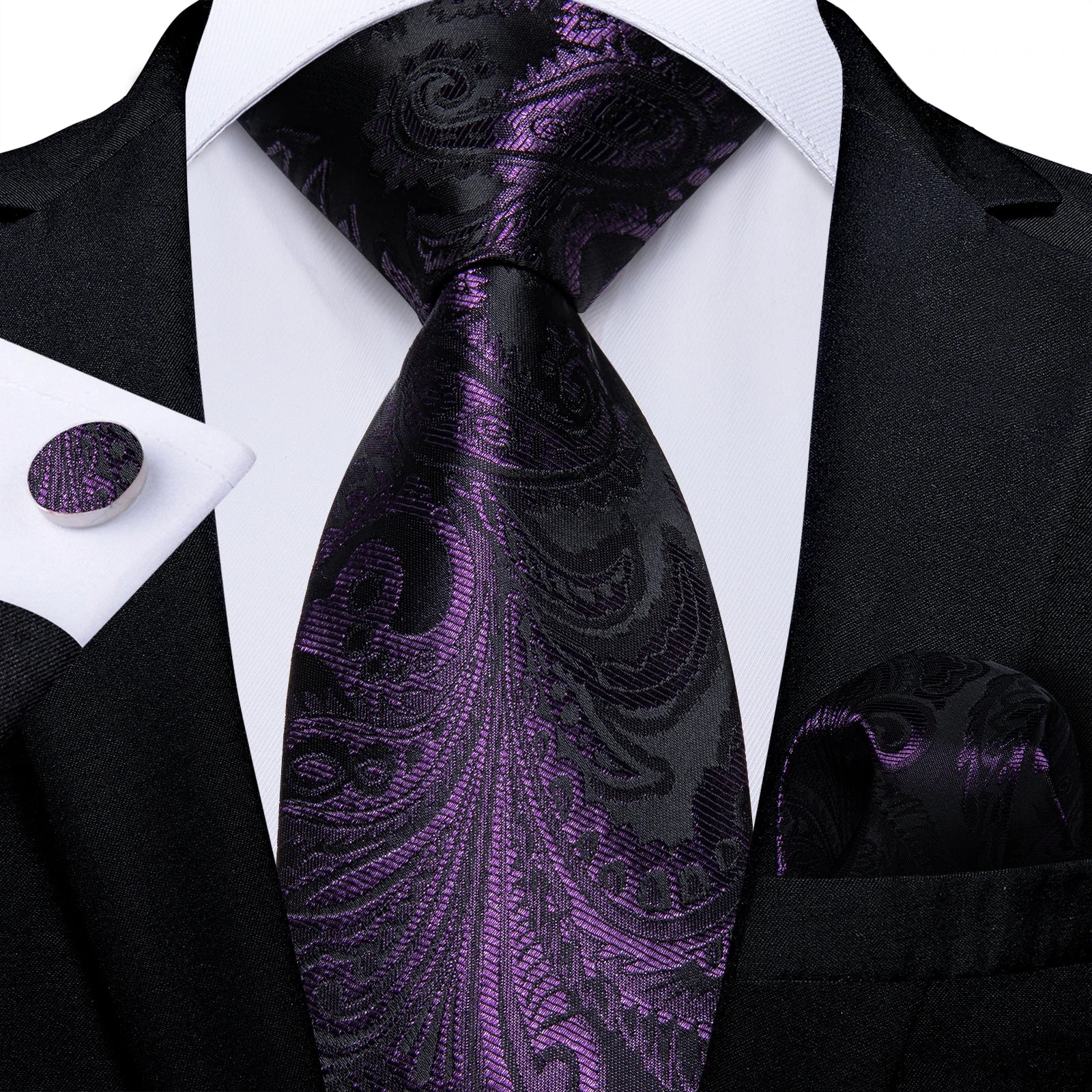DiBanGu Ties For Men Purple Floral Paisley Necktie Business Formal 100% Silk Tie Pocket Square Set For Wedding Party Cravat