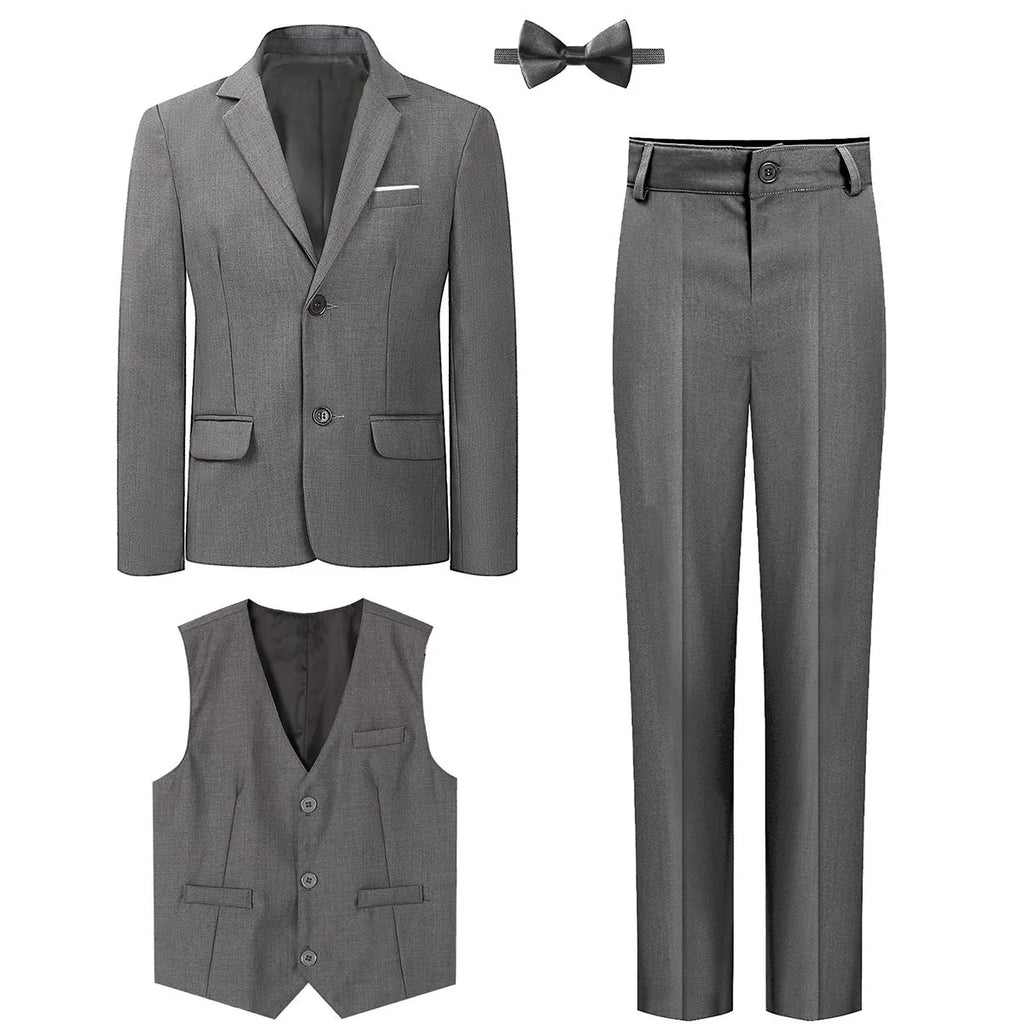 A&J DESIGN boys' 3-piece formal wedding suit with tuxedo blazer, vest, and pants, styled for special occasions, in a sleek black design.