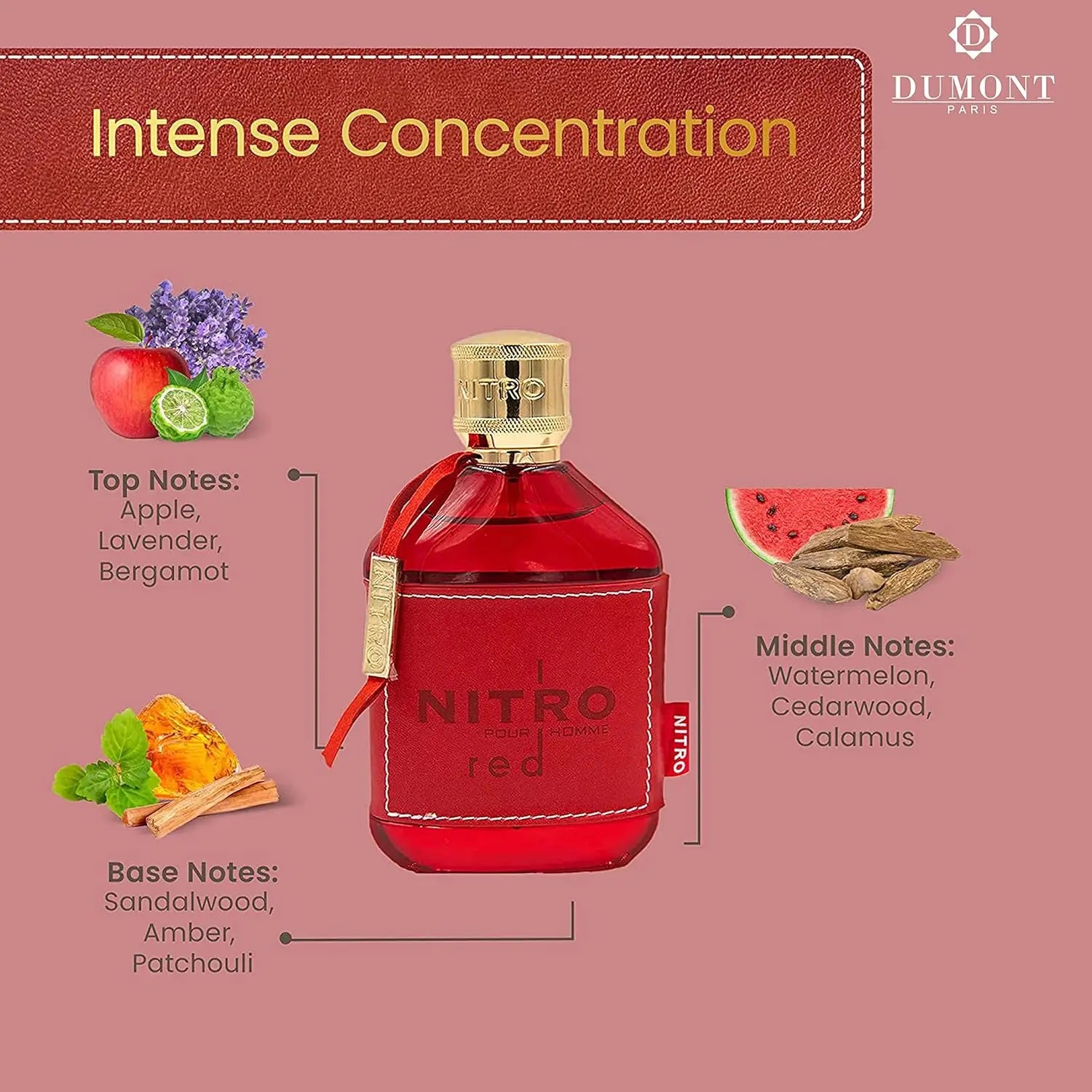 Nitro Red Eau De Parfum for Men by SHOWLU FASHION STORE, featuring a sleek bottle and woody fragrance for long-lasting scent.