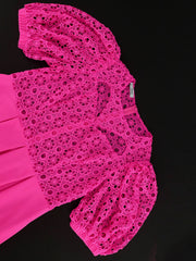 Elegant Women Hollow Out Evening Party Dress Short Lantern Sleeve Lace Patchwork Pleated Gown Birthday Prom Event 2024 New In