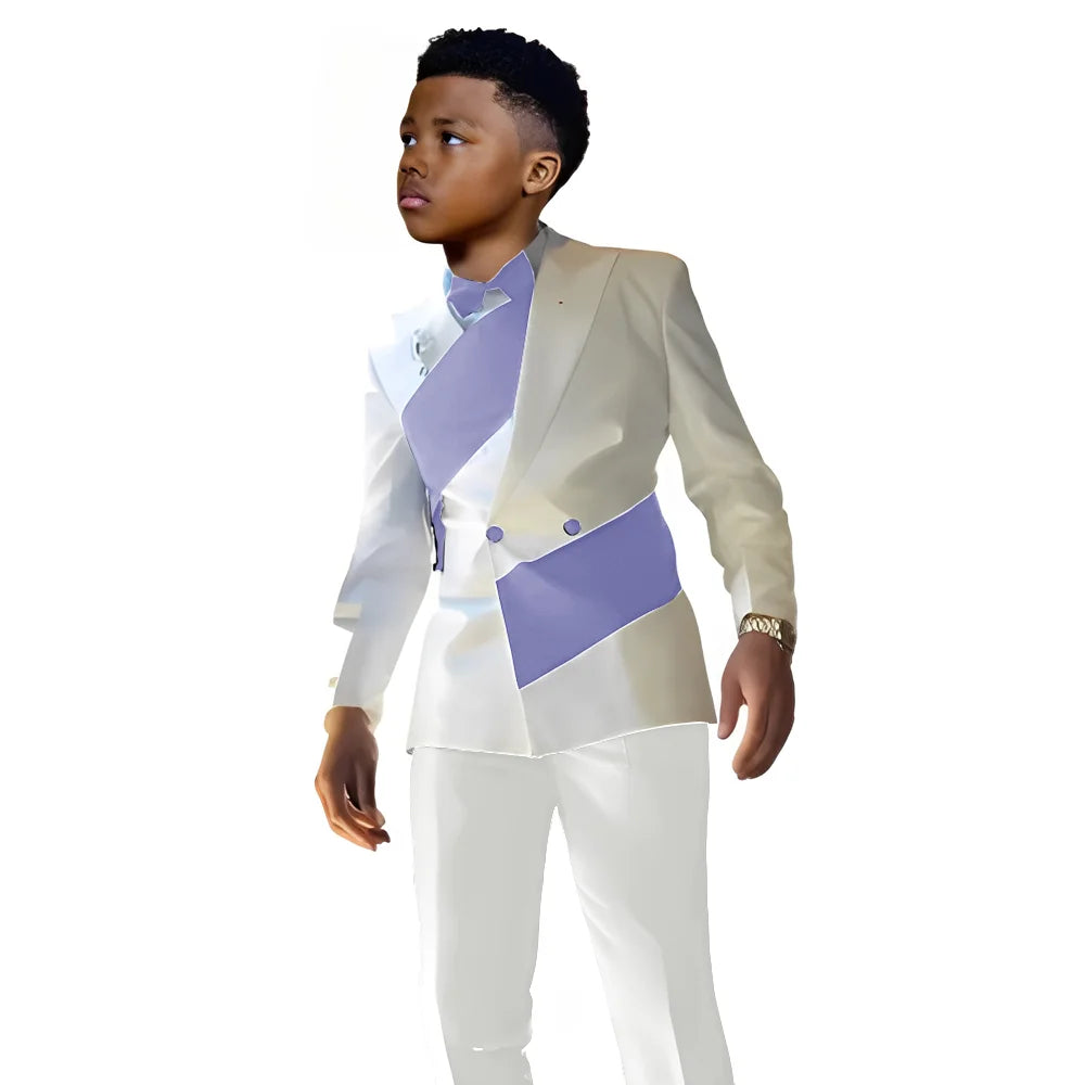 White satin boys' tuxedo suit with blazer and pants, tailored fit for kids ages 2-16, ideal for weddings and formal occasions.