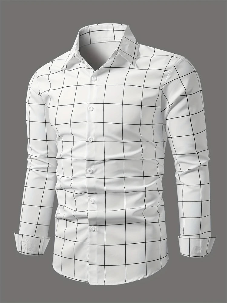 Men's long sleeve shirt with square stripe 3D print, casual animal pattern, button-down, autumn fashion, Showlu brand.