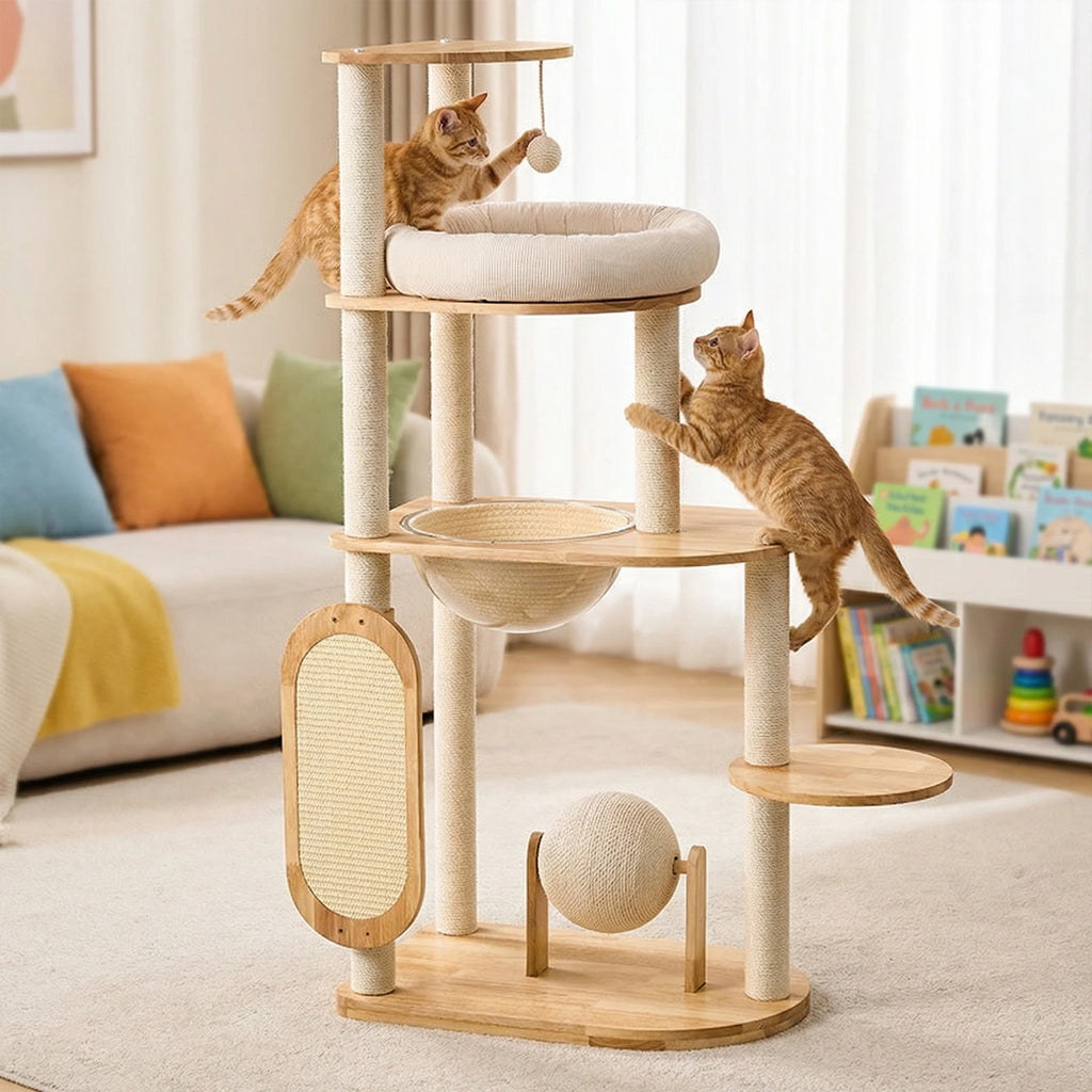 Showlu Solid Wood Cat Climbing Frame with 4-tier tree and scratching posts, designed for cats to climb and play.